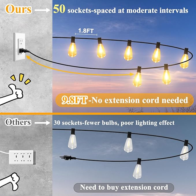 Brightever LED Outdoor String Lights 100FT Patio Lights with 52 Shatterproof 2200K ST38 Vintage Edison Bulbs, Amber Outside Hanging Light Waterproof for Porch, Deck, Garden, Dimmable Amber Lights