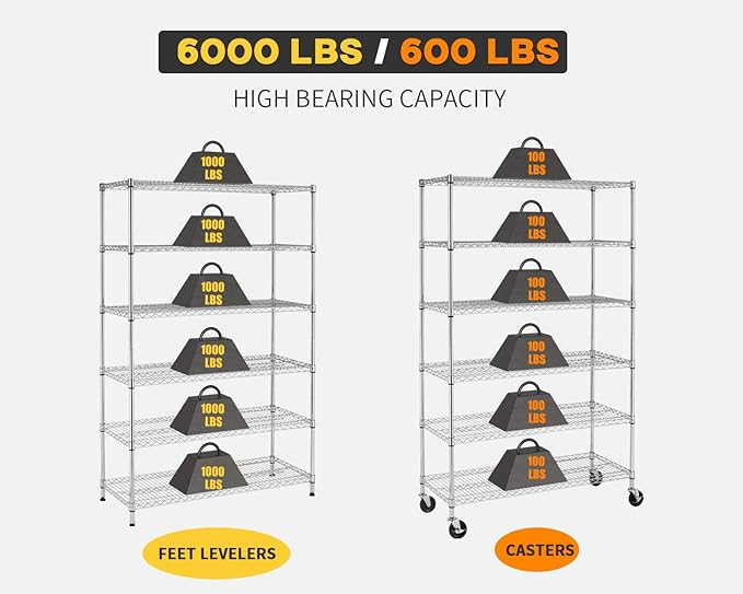 BestOffice | 6-Tier Wire Storage Shelves with Wheels | 18x48x78 | Chrome | Adjustable Racks | Heavy-Duty Metal Shelf, Holds Upto 600 lbs | No-Tool Assembly | Ideal for Home & Garage Shelving