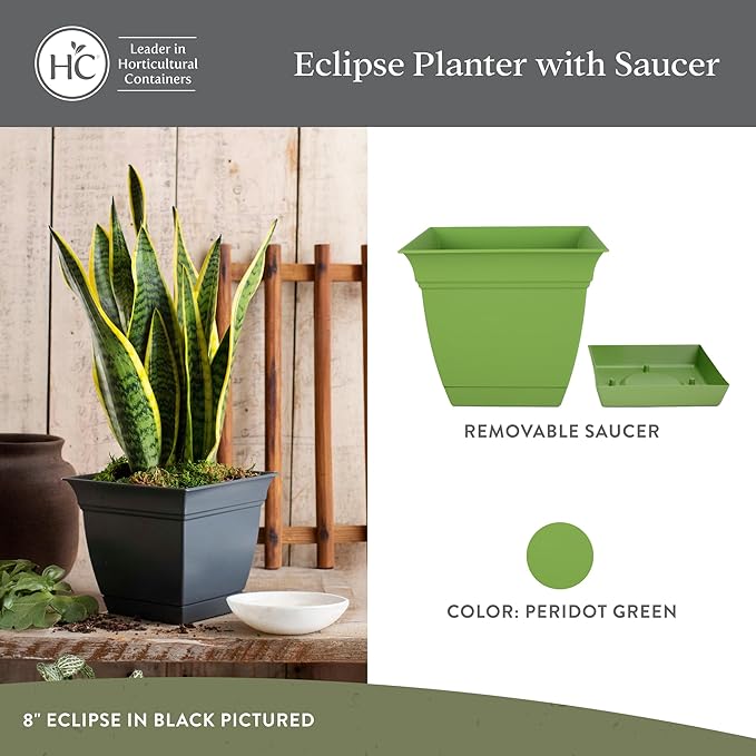 The HC Companies 8 Inch Eclipse Square Planter Pots w/Drainage Holes & Attached Saucer, Lightweight UV-Resistant Plastic Indoor Outdoor Planters, 4-Pack Flower Pots, Garden Home Decor, Peridot Green