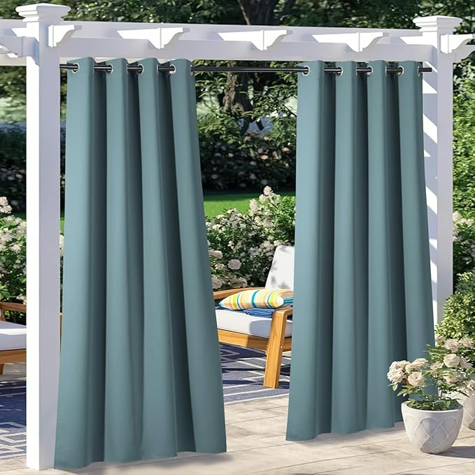 NICETOWN 2 Panels Greyish Blue Outdoor Curtains for Patio Waterproof, Stainless Steel Silver Grommet Thermal Insulated Blackout Outdoor Room Darkening Drapes for Front Porch, W52 x L108