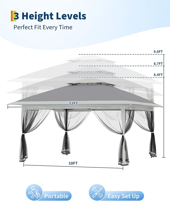 Canopy Tent 12x12 ft, Pop Up Gazebo One-Push Setup with 4 SandBags for Backyard Parties and BBQs, Mosquito Netting & Height Adjustable - Grey