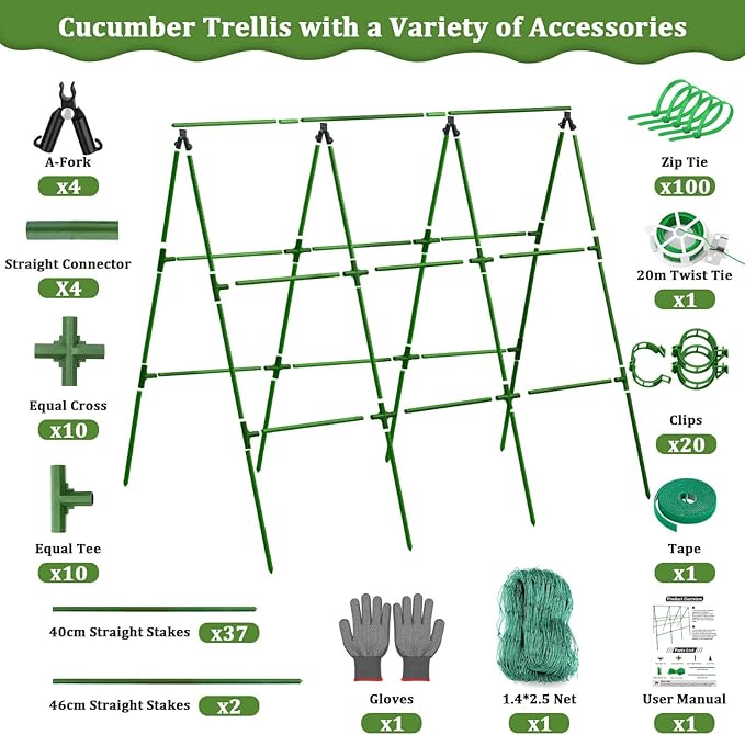 Cucumber Trellis for Raised Bed, 50x 54 inch A-Frame Garden Trellis for Climbing Plants Outdoor, Metal Arch Trellis with Netting, Vegetables Trellis for Grape Pea Bean