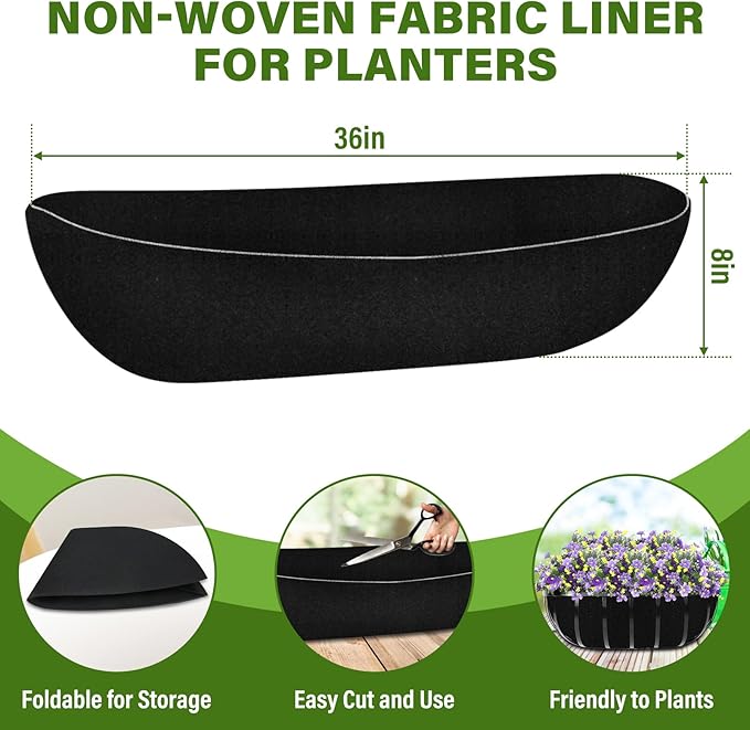 Riare 4 Pack 36 Inch Black Felt Window Box Liners- Fabric Trough Planter Basket Liners Replacement, Non-Woven Hanging Plant Liner for Wall Hanging Basket, Garden Fence Railing (Avoid Bird Nesting)
