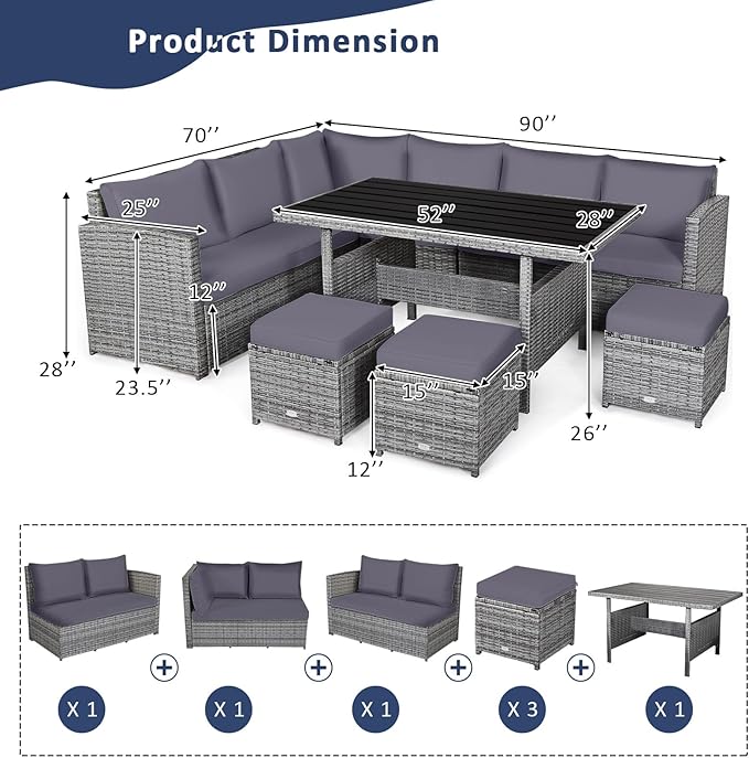 Tangkula 7 Pieces Patio Furniture Set, Outdoor Sectional Rattan Dining Sofa Set with Cushions, All Weather Wicker Conversation Couch Set with Dining Table & Ottomans for Yard Garden Poolside, Grey