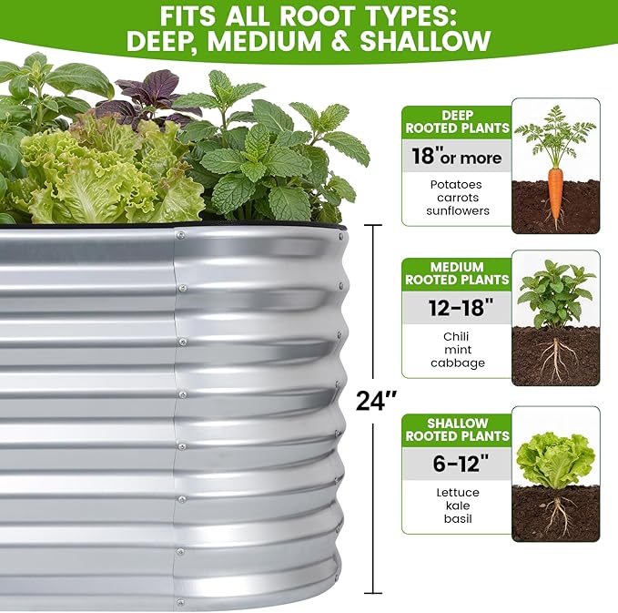 Galvanized Raised Garden Bed Outdoor 24'' Deep | Oval Metal Garden Beds with Easy Assembly & Planter Box for Planting Deep Root Vegetables Fruits Flowers, 4x2x2ft Silver