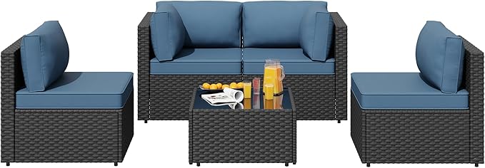 SUNLEI 5 Piece Patio Furniture Sets, Low Back All-Weather Rattan Sectional Sofa with Tea Table&Washable Couch Cushions, Patio Furniture Sets, Black Rattan