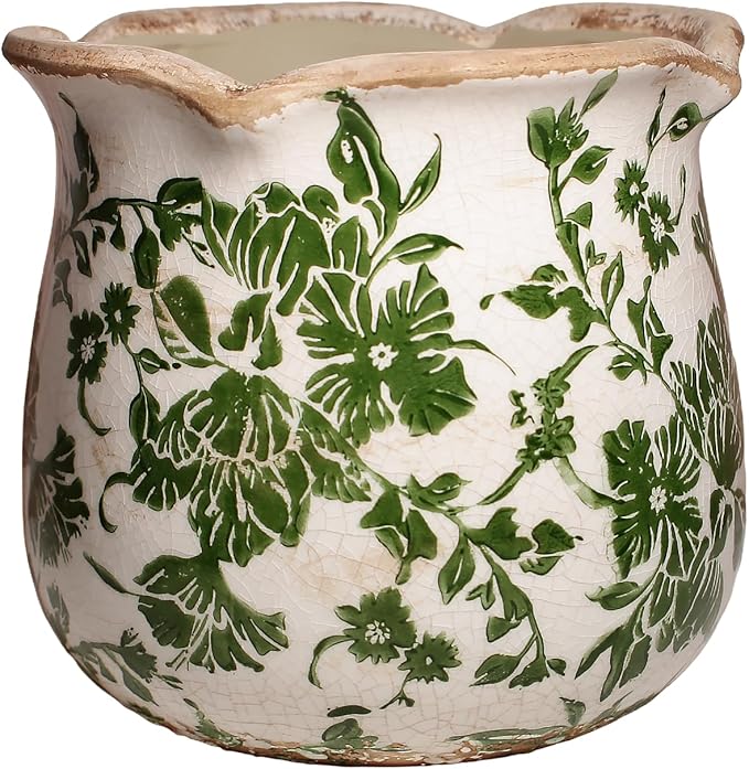 Tuscan Ceramic Plant Pots, 6.11 Inch Vintage Planters with Drainage Hole for Indoor Plants, Farmhouse Green Scroll Vase & Flower Pots, Home Kitchen Garden Decor, Plant Lover Gifts