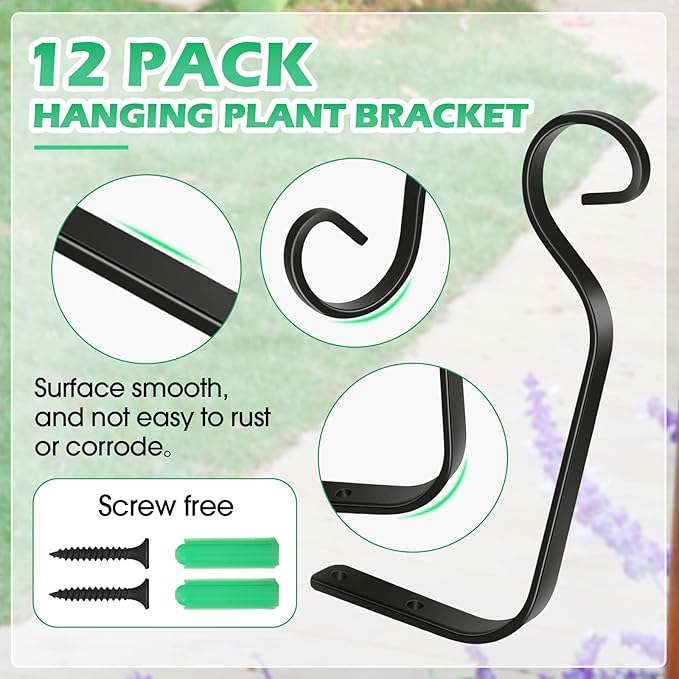 12 Pack Hanging Plant Bracket 7.3 Inches Metal Hook Decorative Straight Hanger for Bird Feeders, Wind Chimes, Flower Baskets, Planters Indoor Outdoor Wall