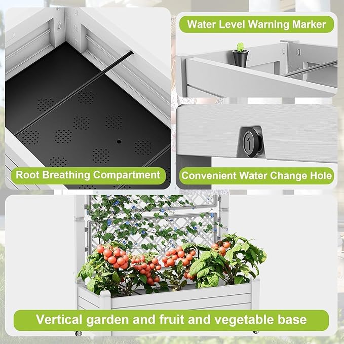 Raised Garden Bed with Trellis, 21 Gallon Self Watering Planter Box with Lockable Wheels & Drainage Holes for Climbing Plants Vegetables Flowers, Anti-Rust Resin for Backyard Patio (Ashen)