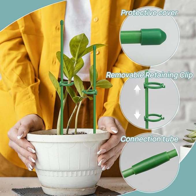 Plant Stakes, 20 Pcs Plant Sticks Stakes Support, Garden Stake Pole with Clips, Adjustable Plant Support with 20 Rings and 10 Connectors for Indoor and Outdoor Plants