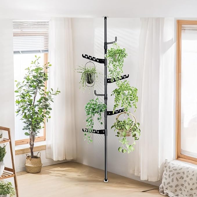 Tension Rod Plant Stand, Plant Poles for Hanging Plants Indoor, Metal Tension Pole Plant Stand with 6 Hangers, Floor to Ceiling Hanging Plants Stand(Fit 3.6-10ft)