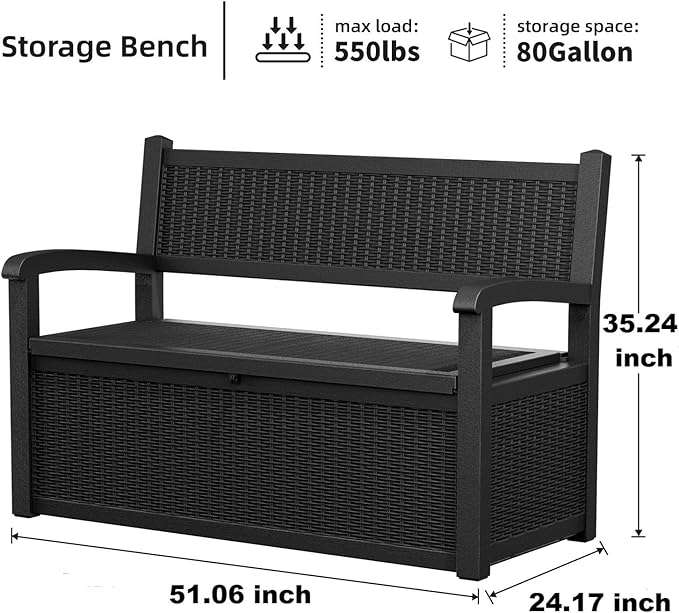 80 Gallon Outdoor Storage Bench Deck Box Waterproof Lockable,Outdoor Storage Furniture for Patio,Garden and Porch,Tools and Cushions（Black）