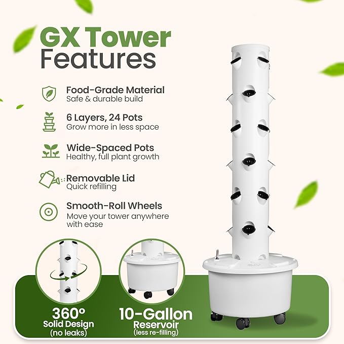 GX Hydroponic Tower | Vertical Planter Tower | Hydroponics Growing System Kit | Food Grade with 24 Net Pots (Without Lights)