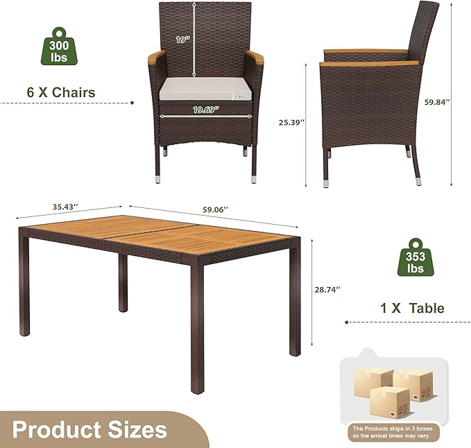 Devoko Dining 7 PCS Furniture, Patio Conversation Set with Acacia Wood Table Top, Outdoor, Beige Cushion and Brown Rattan