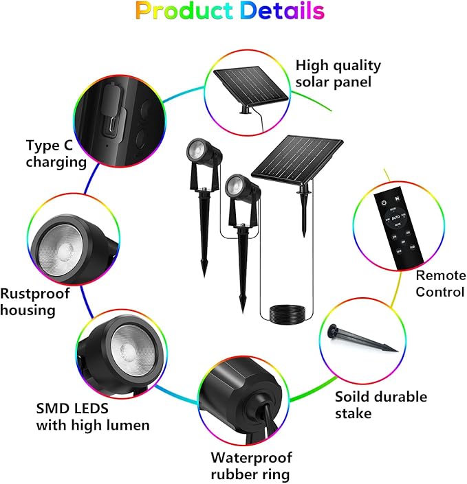Zyan Solar Color Changing RGB Spotlights with Remote, Separate Monocrystalline Panels & USB-C Powered 18000mAh Auto On Off, Outdoor IP65 Waterproof, for Patio Yard Garden Pathway (12 Pack)