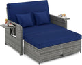 Tangkula Patio Rattan Daybed with 4-Level Adjustable Backrest, Outdoor PE Wicker Loveseat with Storage Ottoman & Folding Side Table, Double Sunbed for Balcony, Backyard & Poolside, Navy & Grey