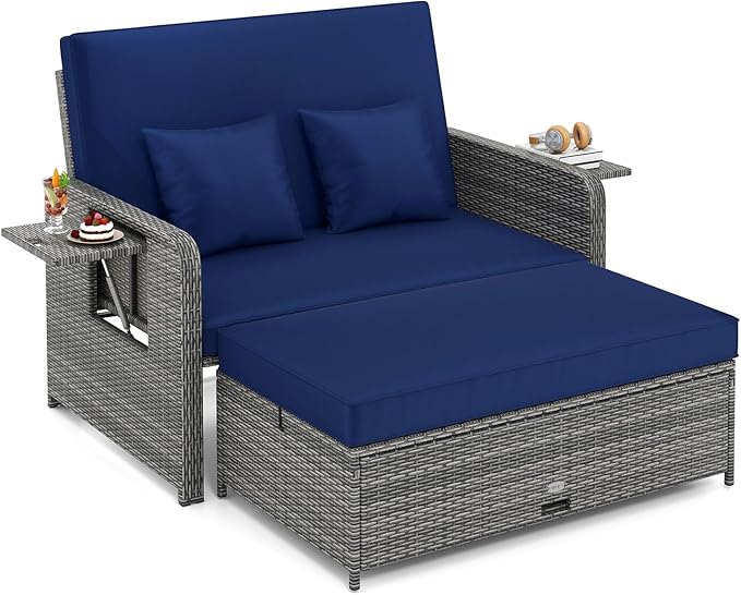 Tangkula Patio Rattan Daybed with 4-Level Adjustable Backrest, Outdoor PE Wicker Loveseat with Storage Ottoman & Folding Side Table, Double Sunbed for Balcony, Backyard & Poolside, Navy & Grey