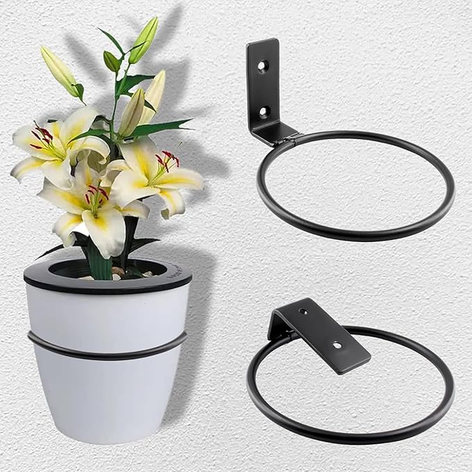 6 Pack 6 Inch Flower Pot Holder Ring, Wall Mounted Metal Planter Hanger, Matte Black, Iron