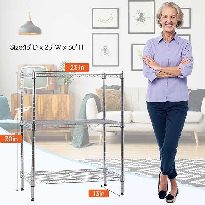 BestOffice 23Lx13.2Wx30.2H Adjustable Metal Storage Shelves 3-Tier Wire Shelving Unit Organizer Wire Rack 450Lbs Capacity for Small Places Kitchen Garage,Chrome