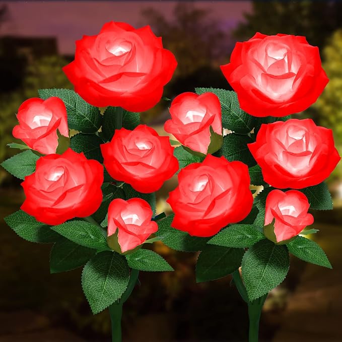 Solar Flower Lights Outdoor - Upgraded New Material Two Modes Realistic LED Solar Powered Waterproof Lights with 5 Roses, Solar Decorative Stake Lights for Garden (Red, 2 Pack)