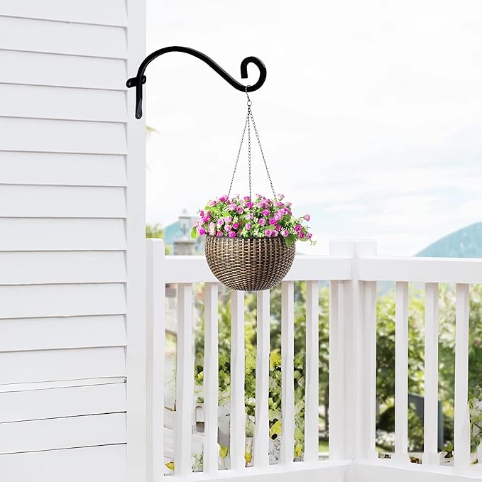 Hourleey 2 Pack Plant Hanger Outdoor, 8 Inch Heavy-Duty Hanging Plant Hook for Outside Basket, Black Metal Wall Mount Plant Bracket Hook for Flower Baskets Bird Feeder