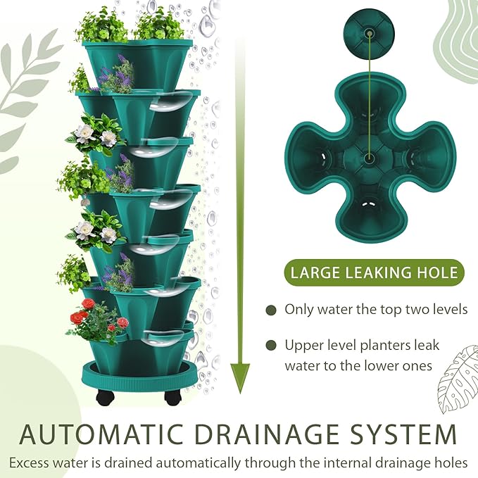 Umigy 2 Set of 7 Tier Vertical Planter Stackable Tower Planters Strawberry Herb Flower and Vegetable Pots Indoor Outdoor Gardening Pots with Removable Wheels and Tools(Green)