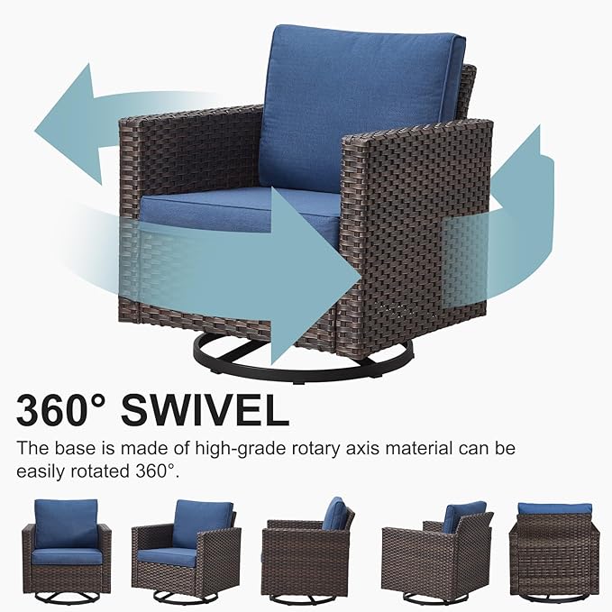 Belord Wicker Patio Furniture 5 Piece Outdoor Sofa Set, Oversize Outdoor Swivel Rocker Chairs with Rattan Ottomans, Conversation Sets Patio Furniture Come with Removable Cushion Blue, Anti-Rust Frame