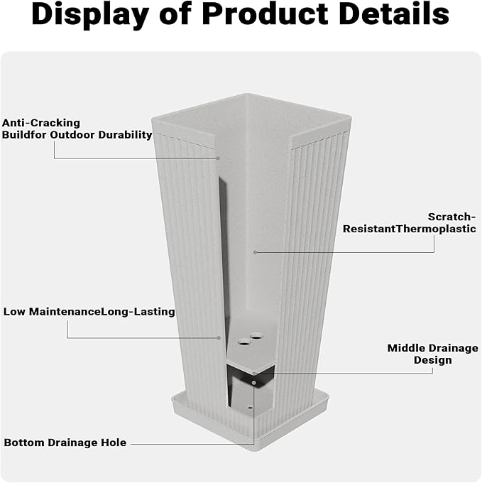 Tall Planters for Outdoor Plants Set of 2, 23.6" Large Taper Flower Plant Pots with Drainage Hole and Drainage Trays, Weather-Resistant Plastic planters for Patio, Porch, Garden, Grey