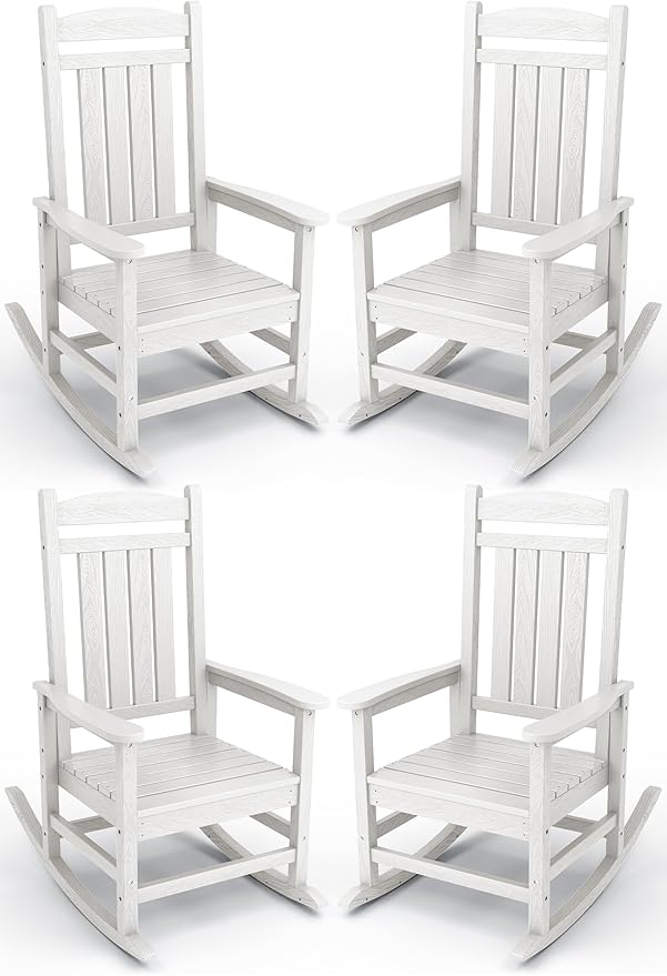 KINGYES HDPE Patio Rocking Chair Set of 4, Outdoor Rocking Chairs Porch Rocker for Adults, White