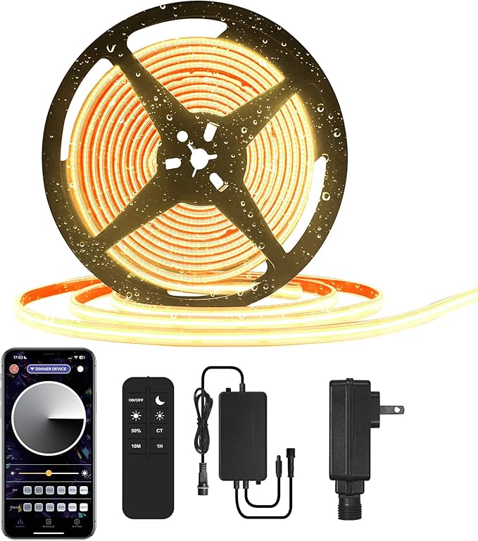 50ft COB Outdoor LED Strip IP67 Waterproof, 3000K Warm Whit DC24V Flexible LED Rope Strips with Remote & App Control Dimmable, DIY Lighting for Indoor, Outdoor, Bedroom, Garden, Patio