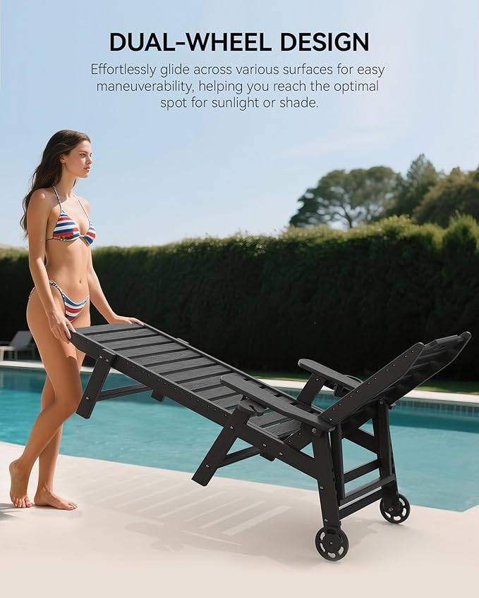 Carauci Lounge Chair Outdoor Set of 2, HDPE Chaise Lounge with Wheels, 5-Position Adjustable Backrest & 2 Cup Holders Patio Lounge Chair, All-Weather Pool Sun Lounger for Poolside, Backyard, Black