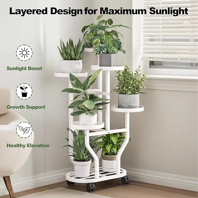 Plant Stand 5 Tier Indoor Outdoor Metal Flower Shelf with Wheels Multi Plants Holder Display Rack for Garden Patio Balcony Living Room White (White, 5 Tier)