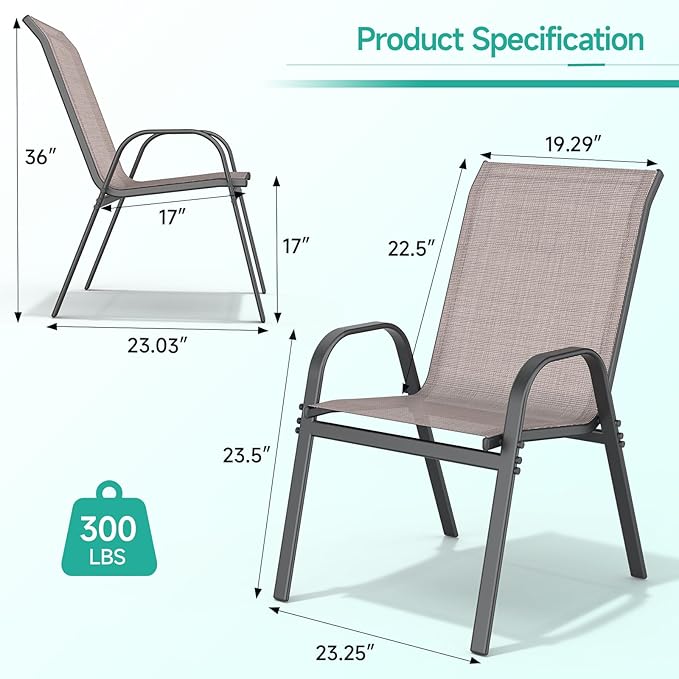 Patio Chairs Set of 6, Easily Set Up Stackable Outdoor Dining Chairs with High Back and Wide Seat, All Weather Breathable Outdoor Chairs Set of 6 with Metal Frame for Backyard Deck Pool, Brown