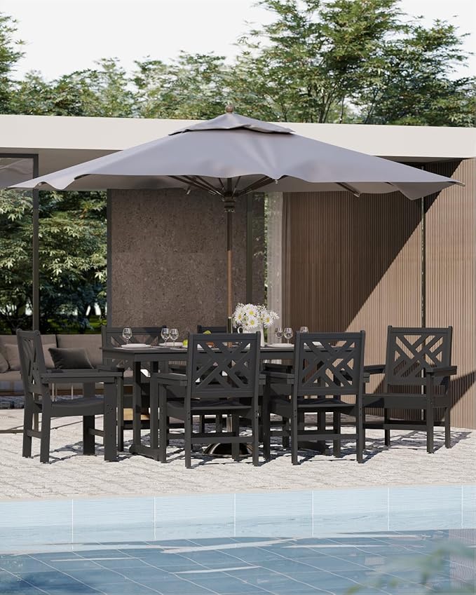 7-Piece Outdoor Dining Set, HDPE All-Weather Patio Table and Chairs Set for 6, Outdoor Patio Furniture Sets with Umbrella Hole for Outside, Deck, Backyard, Garden (Black)