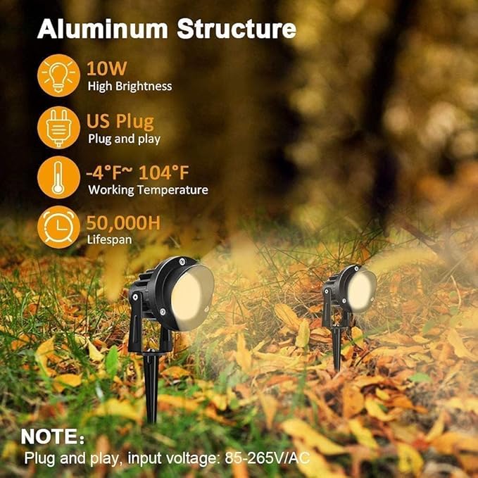 Romwish 120V LED Landscape Spotlights, 10W Outdoor Spotlights for Yard, 3000K Warm White, 120V AC Spot Light with Ground Spike, Waterproof Landscape Lighting for House Garden Lawn Decorative - 4 Pack