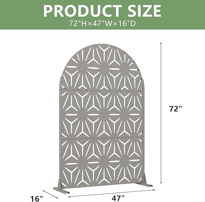 Casaphoria Metal Privacy Screen Outdoor, 72" H x 47" W Arched Freestanding Decorative Privacy Screen for Patio Deck Balcony Garden with Stable Base,Grey-Star