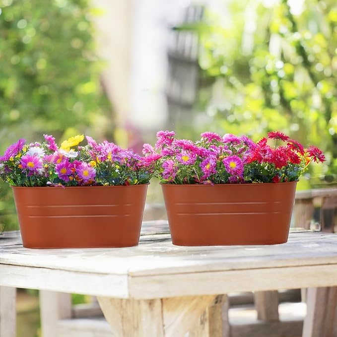 3 Pack Metal Railing Planters, 10.5" Oval Hanging Flower Pots with Detachable Hooks & Drainage Holes, Fits Rails up to 2.36", Galvanized Iron Fence Bucket for Balcony Garden Patio - Terracotta