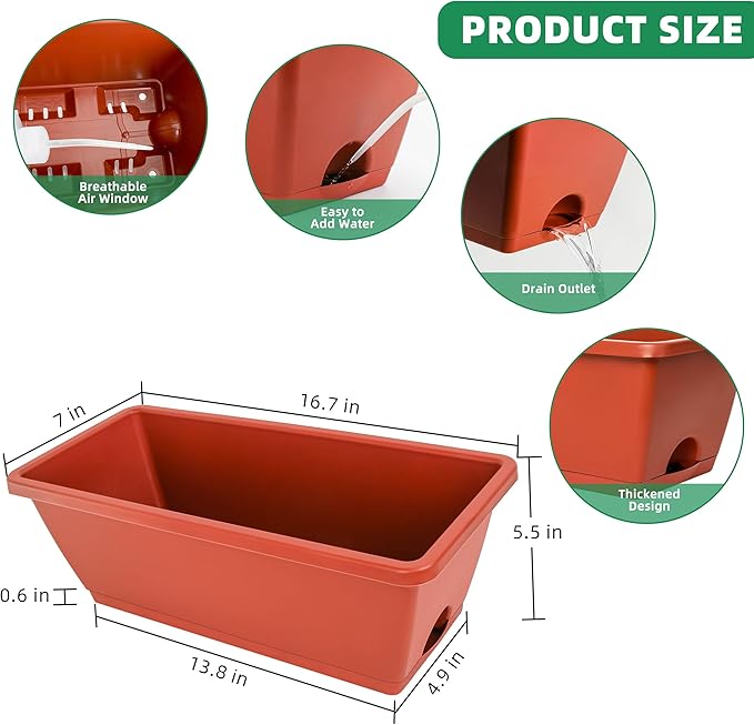 Window Box Planter, 12 Pack Plastic Vegetable Flower Planters Boxes 17 Inches Rectangular Flower Pots with Saucers for Indoor Outdoor Garden, Patio, Home Decor (Brick RED) (Brick RED)