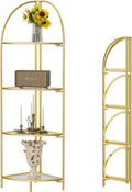 Crofy Foldable 4 Tier Corner Shelf, Metal Corner Plant Stand with Gold Frame and Transparent Shelves, Corner Display Rack Multipurpose Shelving Unit for Living Room, Bedroom, Bathroom