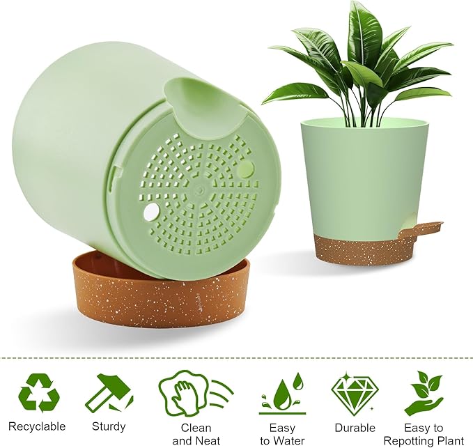 Self Watering Pots, 7/6.5/6/5.5/5/4 inch Flower Pots with Multi Mesh Drainage Holes, Small Platic Planters for Indoor Outdoor Garden Plants and Flowers (Green with Brown Tray, 7"+6.5"+6"+5.5"+5"+4")