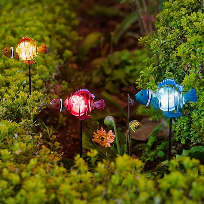 Fish 3Pack 21.3''H Outdoor Figurine Lights, Multicolor Clownfish Solar Garden Decor with Led Lights, Decorative Garden Stake for Yard, Patio, Lawn