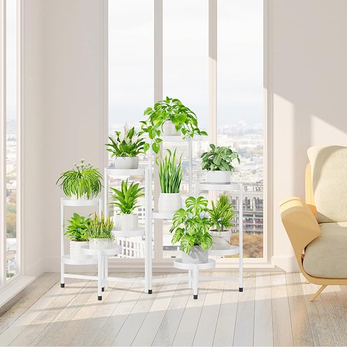 iDavosic.ly Plant Stand Indoor Outdoor, 10 Tier Corner Metal Flower Display Holder Shelf, Easy Assembly Folding Tall Orchid Rack for Patio Balcony Porch Garden Living Room House, White