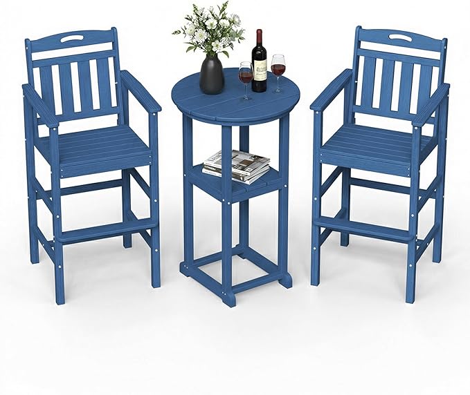 Ciokea 3-Pcs Bistro Table and Chairs, All-Weather Round High Top Bar Table with Storage Shelf and 2 Oversized Adirondack Chairs, Heavy Duty Outdoor Bar Patio Bistro Set for Balcony Deck, Navy Blue