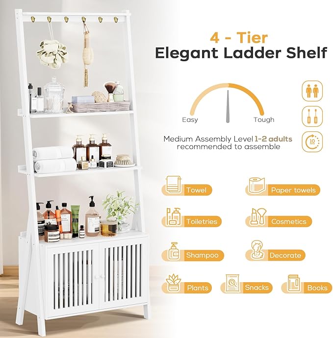 4-Tier Ladder Shelf with Drawers 59.5"H x 24.8"L x 10.6"W, Ladder Bookshelf with 6 Hooks, Tall Narrow Retro Bookcase, Freestanding Storage Shelf for Living Room, Home Office, Bedroom, White