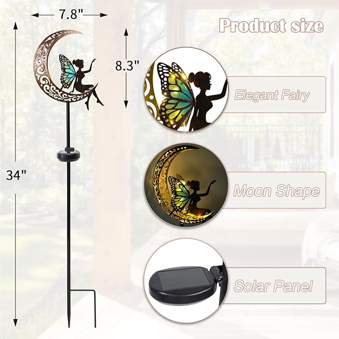Afirst Solar Garden Lights Outdoor Decor Moon Fairy Stake Lights Waterproof Warm White LED Metal Stake Decor for Outdoor Pathway Yard Lawn Decoration Housewarming Mom Gifts 2 Pack