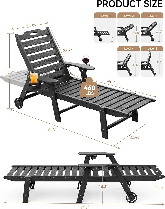 Carauci Lounge Chair Outdoor Set of 2, HDPE Chaise Lounge with Wheels, 5-Position Adjustable Backrest & 2 Cup Holders Patio Lounge Chair, All-Weather Pool Sun Lounger for Poolside, Backyard, Black