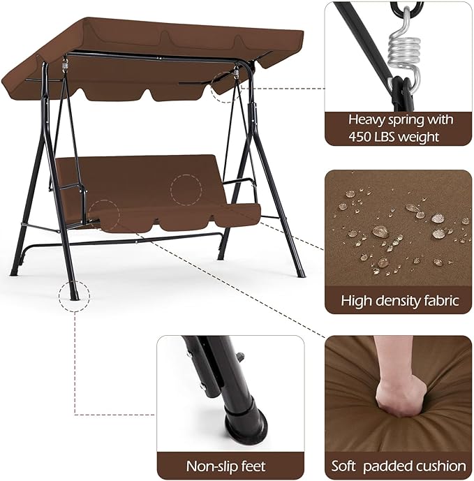 AECOJOY Porch Swing with Stand. 3-Seat Outdoor Clearance Porch Swings for Adults, Outdoor Patio Swing with Adjustable Canopy & Removable Cushion for Backyard, Garden, Yard, Poolside, Balcony (Brown)