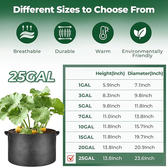 T4U 25 Gallon Grow Bags, Upgrade Grow Bags with Handles, Heavy Duty Thickened Nonwoven Fabric Pots, 25 Gallon Pots for Plants, Pumpkin, Butternut Squash, Grape (5 Pack 25 Gal)