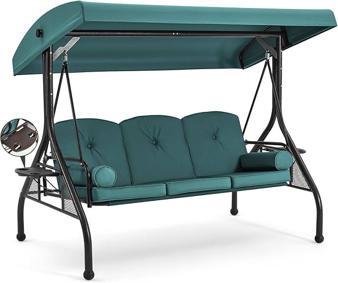 HOMREST 3 Seat Outdoor Porch Swing with Adjustable Canopy, Convertible Patio Swing Bed with Stand, Patio Glider Swing with Upgraded Cup Holder, Thicken Cushions ＆ Pillow for Backyard（Green）