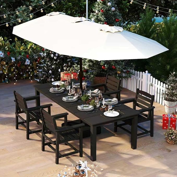 5-Piece Black Outdoor Dining Set with White 15FT Large Patio Umbrella, 75.2'' HDPE Table & Chairs for 8, Weather-Resistant Furniture with Umbrella Hole for Patio, Lawn, Poolside